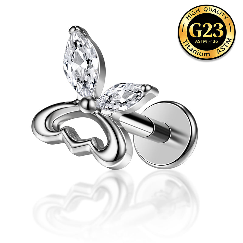 G23 Titanium 16G Internally Threaded High Polish Dainty Open Butterfly Silver Flat Back Stud