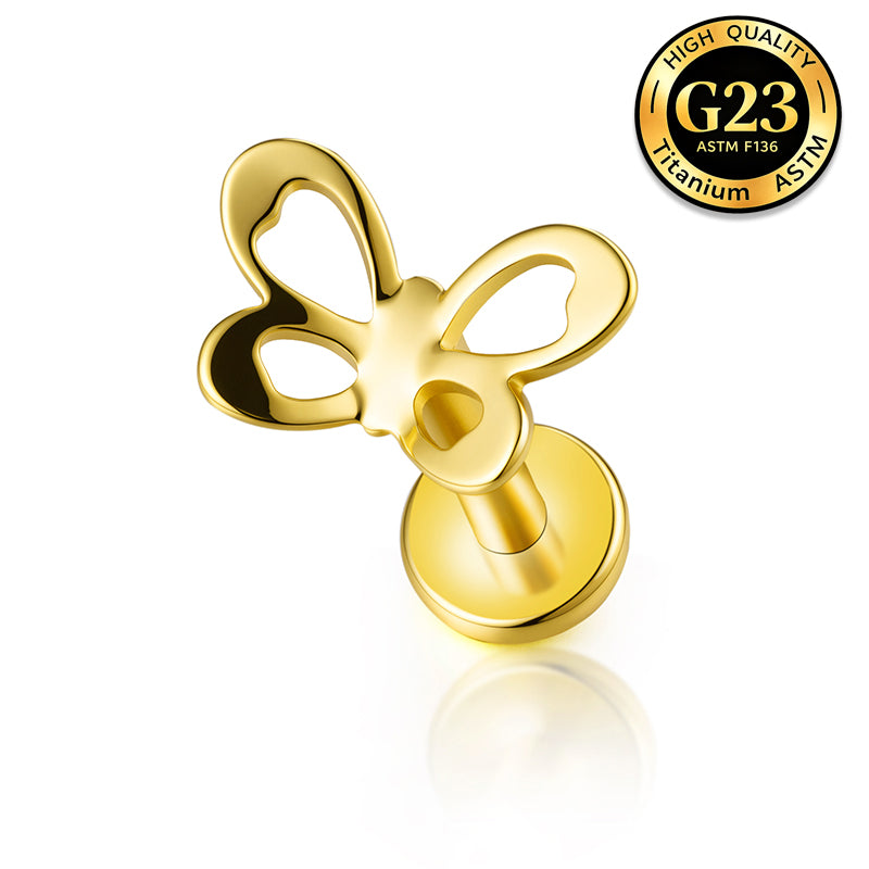 G23 Titanium 16G Internally Threaded Minimalist Butterfly Gold PVD Flat Back Stud