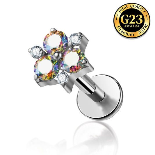 G23 Titanium 16G Internally Threaded High Polish Lucky Clover Silver Flat Back Stud