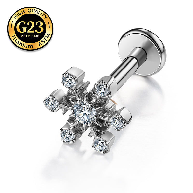 G23 Titanium 16G Internally Threaded High Polish Sparkling Crystal Snowflake Silver Flat Back Stud