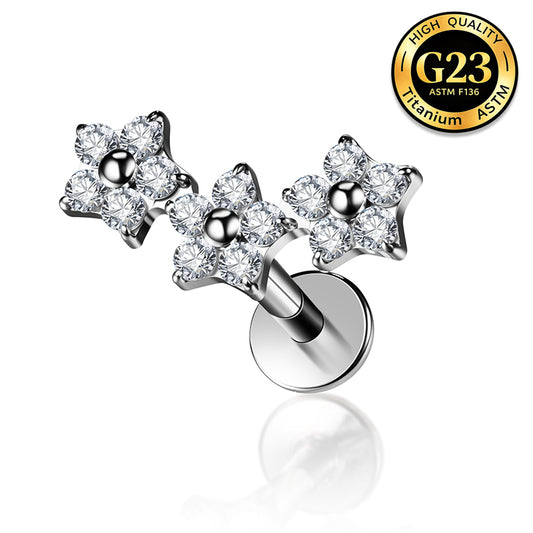 G23 Titanium 16G Internally Threaded High Polish Dainty Triple Flower Silver Flat Back Stud
