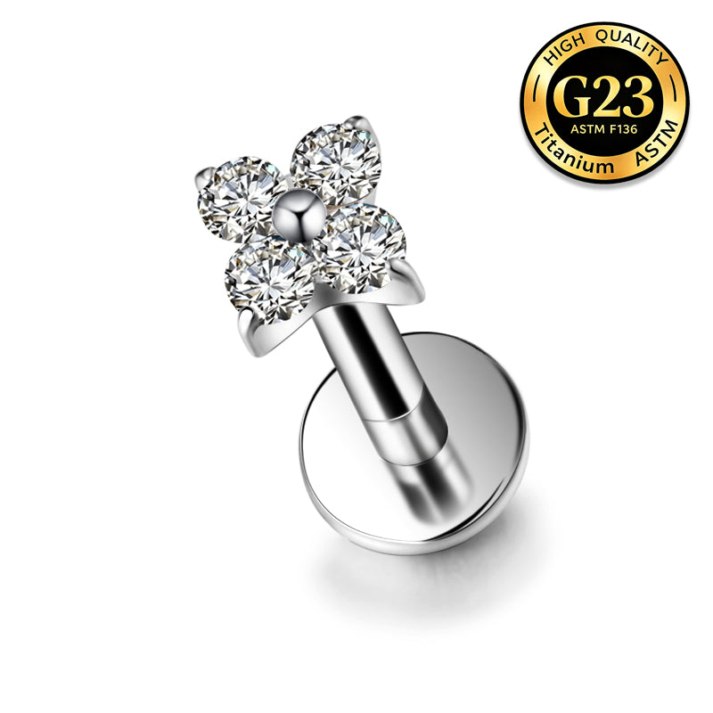 G23 Titanium 18K Gold PVD 16G Internally Threaded CZ Four Petal Flower Flat Back Stud