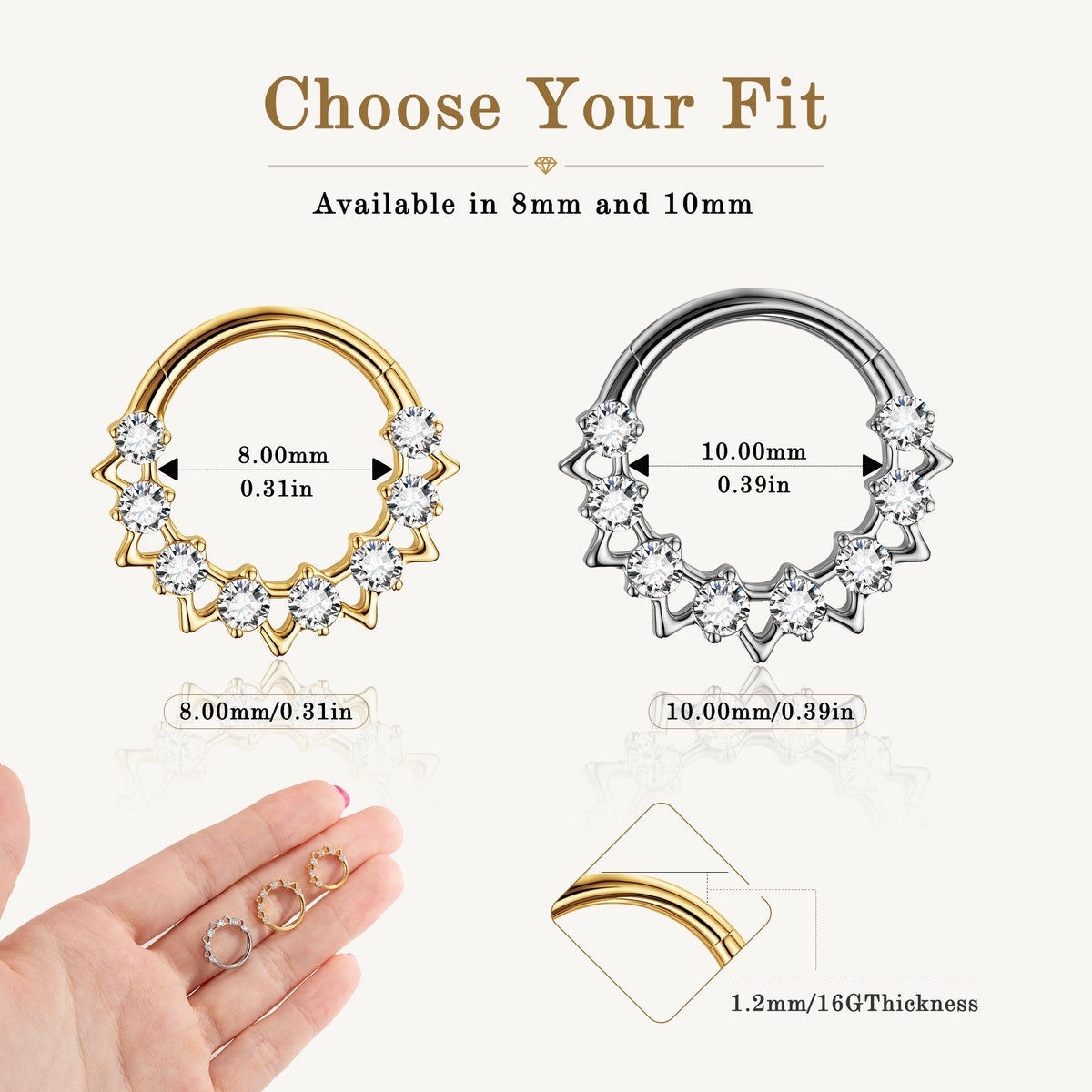 G23 Titanium 16G Geometric 18K Gold PVD CZ Clicker Hoop Ring