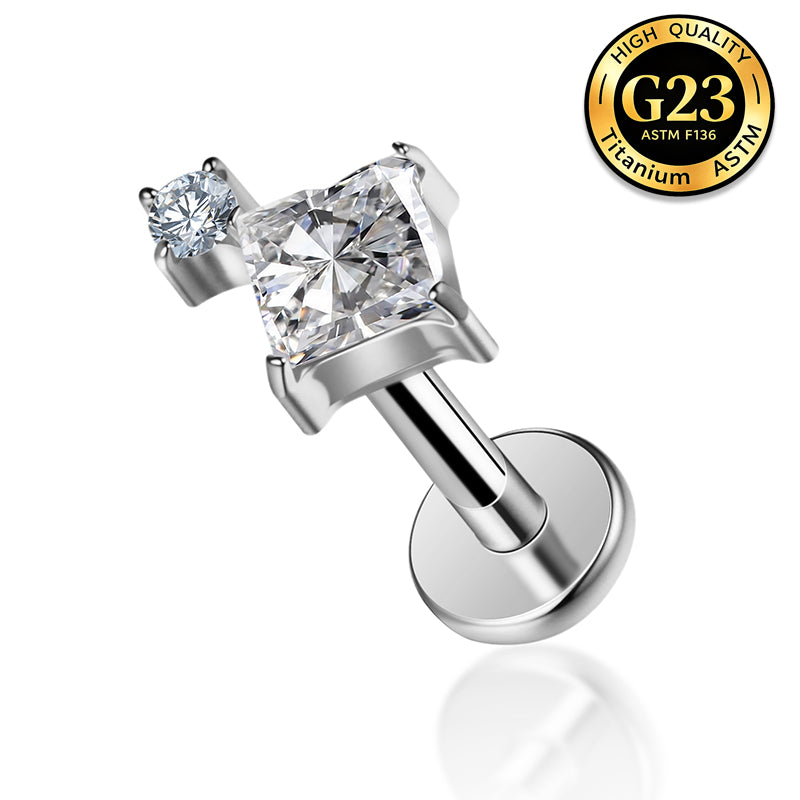 G23 Titanium 18K Gold PVD 16G Internally Threaded Princess Cut CZ Flat Back Stud