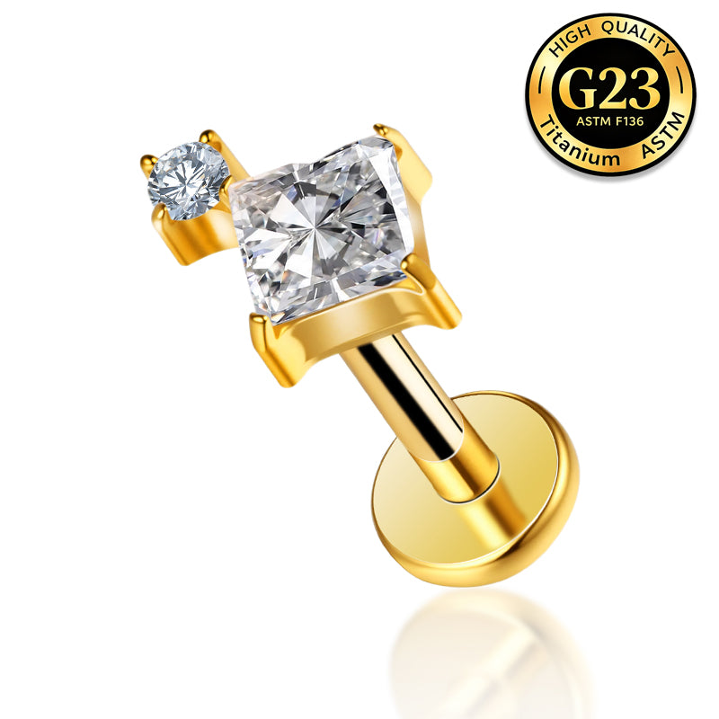 G23 Titanium 16G Internally Threaded Princess Cut CZ Accent Gold PVD Flat Back Stud