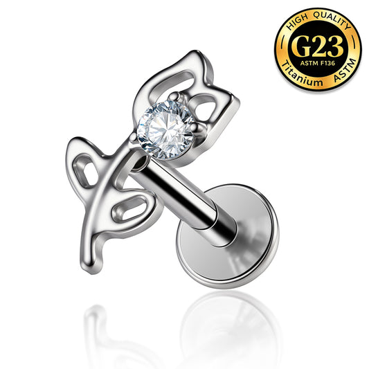 G23 Titanium 16G Internally Threaded High Polish Minimalist Outline Butterfly Silver Flat Back Stud