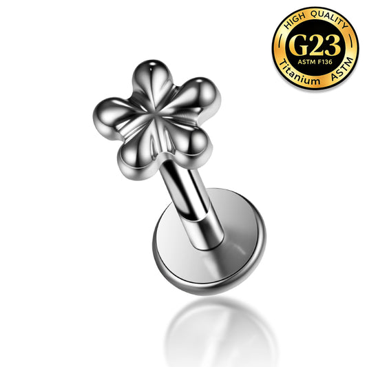 G23 Titanium 16G Internally Threaded High Polish Plumeria Flower Silver Flat Back Stud