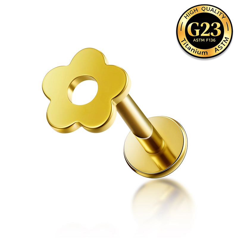 G23 Titanium 16G Internally Threaded Hollow Daisy Flower Gold PVD Labret Flat Back Stud