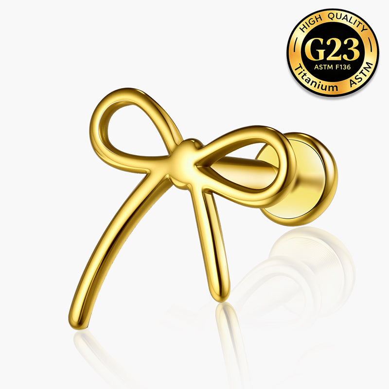G23 Titanium 18K Gold PVD 16G Internally Threaded Ribbon Bow Flat Back Stud