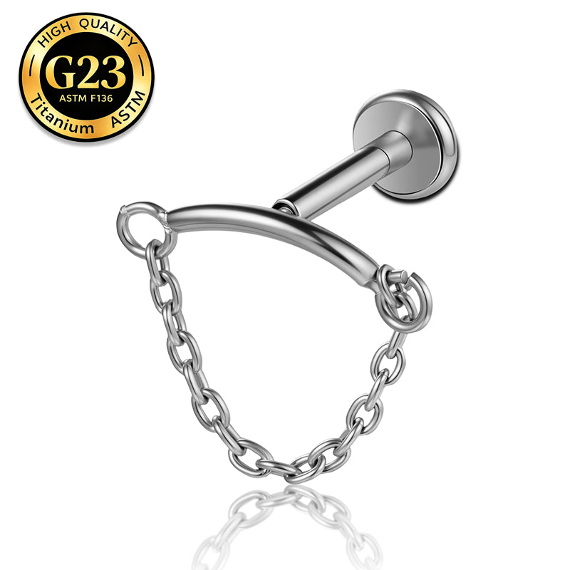 G23 Titanium 18K Gold PVD 16G Internally Threaded Curved Bar Chain Dangle Flat Back Stud