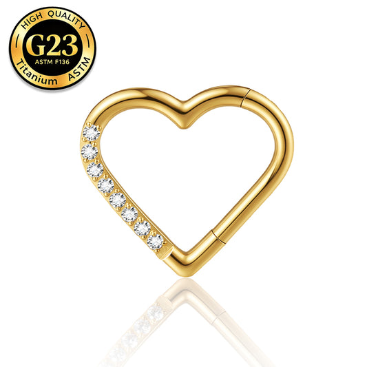 G23 Titanium 18K Gold PVD 16G Romantic CZ Heart Clicker Ring