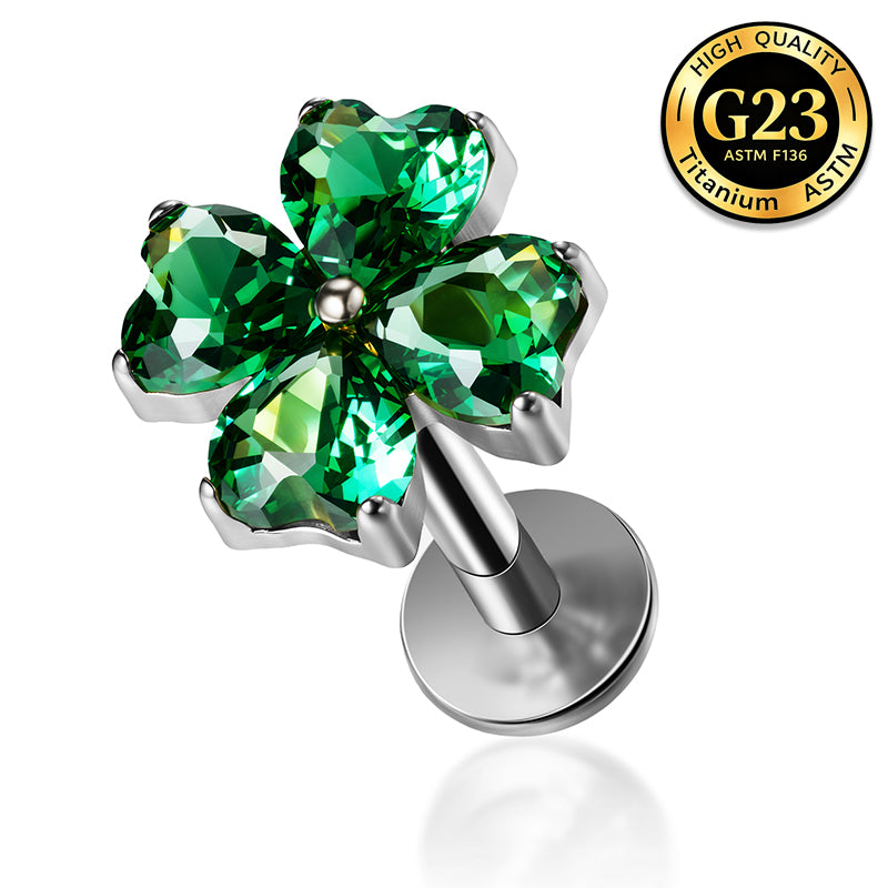 G23 Titanium 16G Internally Threaded Glam Heart Cut Green Clear Purple CZ Four Leaf Clover Gold PVD Flat Back Stud