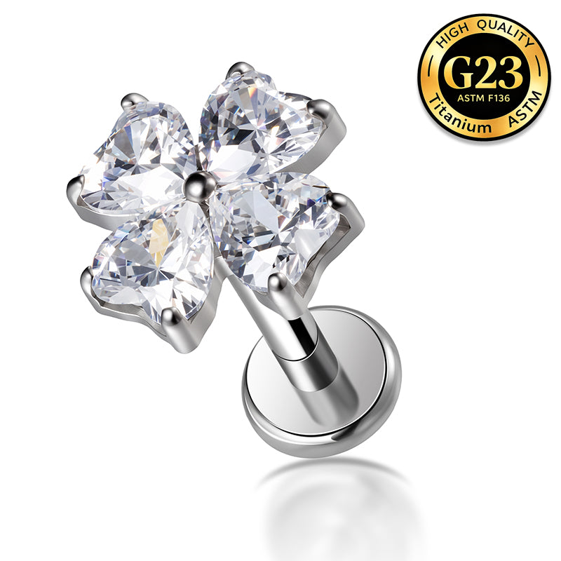 G23 Titanium 16G Internally Threaded Glam Heart Cut Green Clear Purple CZ Four Leaf Clover Gold PVD Flat Back Stud