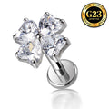 G23 Titanium 16G Internally Threaded Glam Heart Cut Green Clear Purple CZ Four Leaf Clover Gold PVD Flat Back Stud
