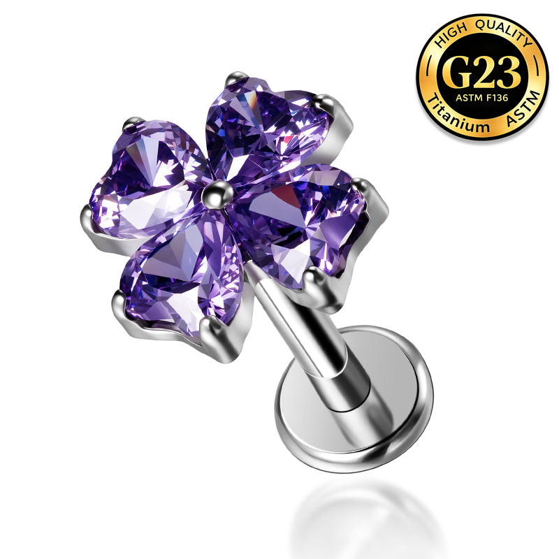 G23 Titanium 16G Internally Threaded Glam Heart Cut Green Clear Purple CZ Four Leaf Clover Gold PVD Flat Back Stud