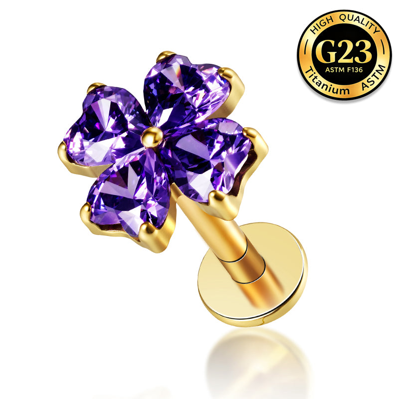 G23 Titanium 16G Internally Threaded Glam Heart Cut Green Clear Purple CZ Four Leaf Clover Gold PVD Flat Back Stud