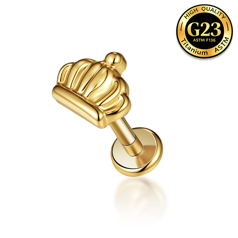 G23 Titanium 18K Gold PVD 16G Internally Threaded Royal Crown Flat Back Stud