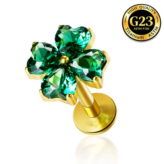G23 Titanium 16G Internally Threaded Glam Heart Cut Green Clear Purple CZ Four Leaf Clover Gold PVD Flat Back Stud