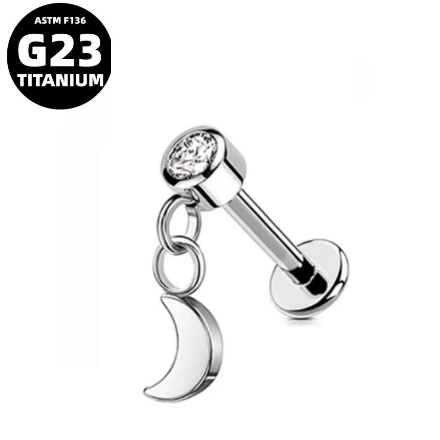 G23 Titanium 16G Internally Threaded CZ Lightning/Heart/Star/Moon Dangle Flat Back Stud