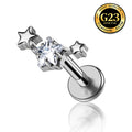 G23 Titanium 16G Internally Threaded High Polish Celestial Triple Star Silver Flat Back Stud