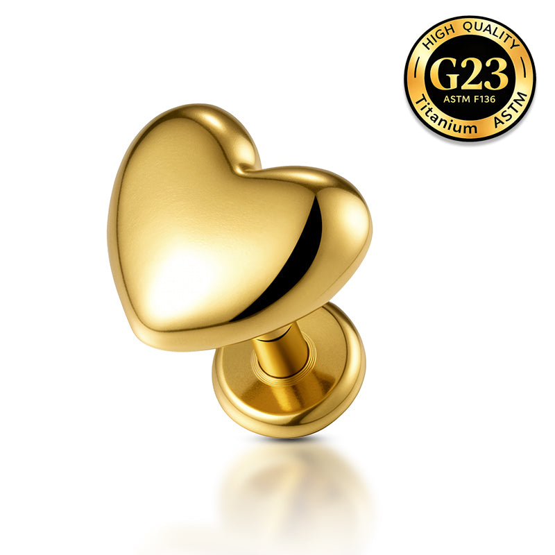 G23 Titanium 18K Gold PVD 16G Internally Threaded Heart Flat Back Stud