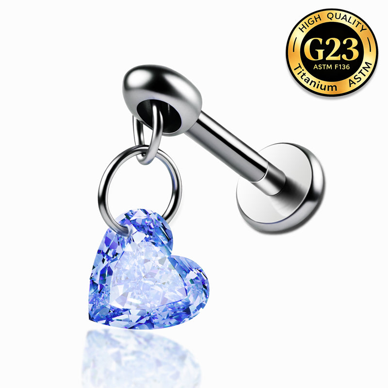 G23 Titanium 16G Internally Threaded Heart Cut Clear CZ Dangle Silver Labret Flat Back Stud