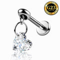 G23 Titanium 16G Internally Threaded Heart Cut Clear CZ Dangle Silver Labret Flat Back Stud