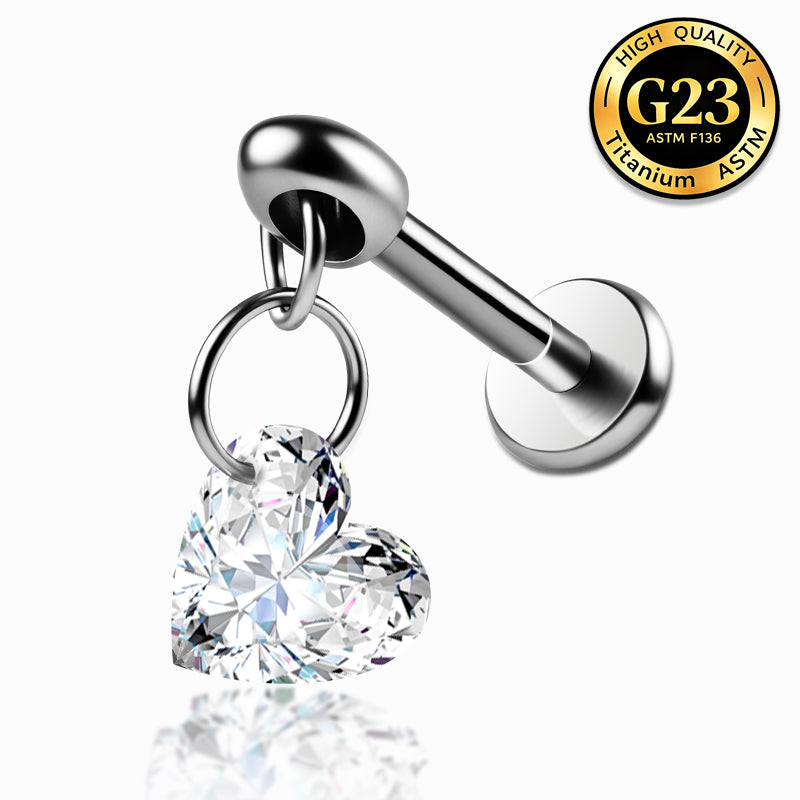 G23 Titanium 16G Internally Threaded Heart Cut Clear CZ Dangle Silver Labret Flat Back Stud