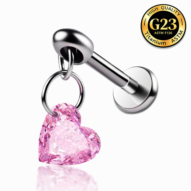 G23 Titanium 16G Internally Threaded Heart Cut Clear CZ Dangle Silver Labret Flat Back Stud
