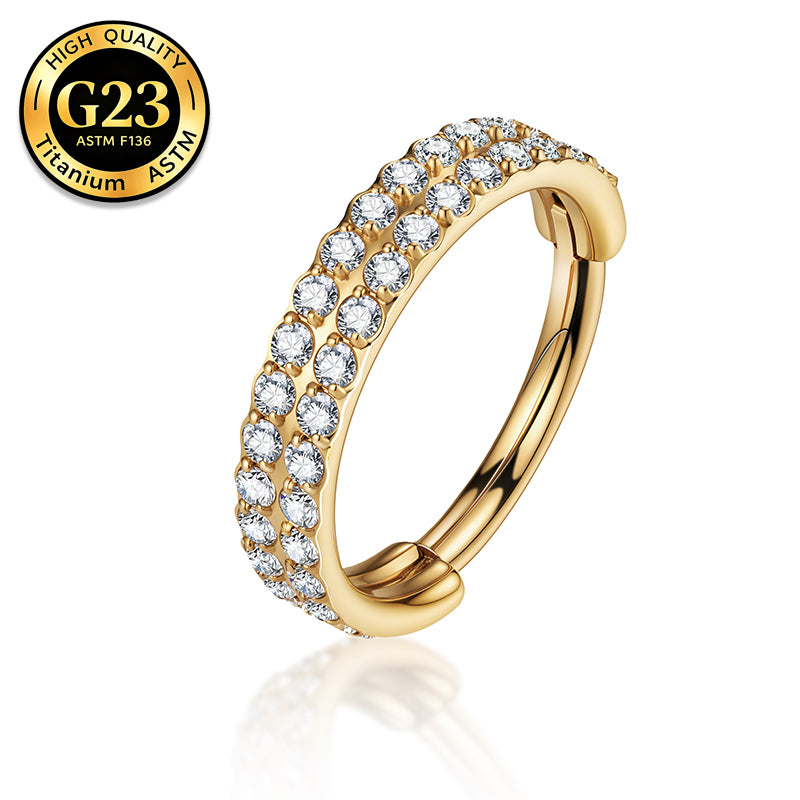 G23 Titanium 16G Hinged Sparkling Double Row CZ Gold PVD Hoop Ring