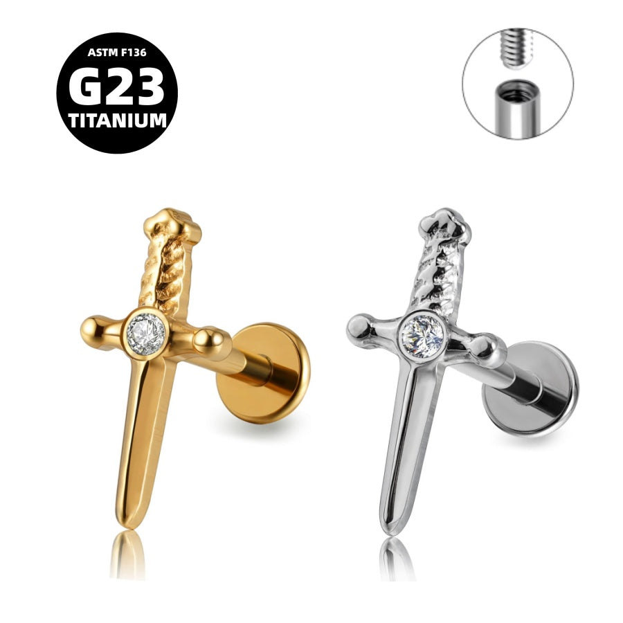 G23 Titanium 16G Internally Threaded CZ Dagger Gold PVD Flat Back Stud