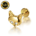 G23 Titanium 16G Internally Threaded Whimsical Cat Head CZ Gold PVD Flat Back Stud
