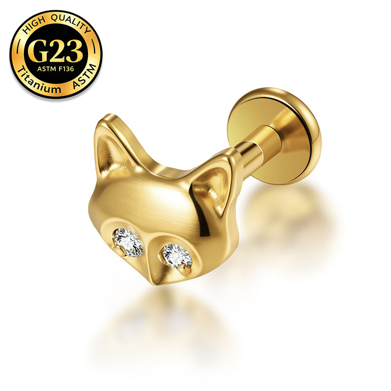 G23 Titanium 16G Internally Threaded Whimsical Cat Head CZ Gold PVD Flat Back Stud