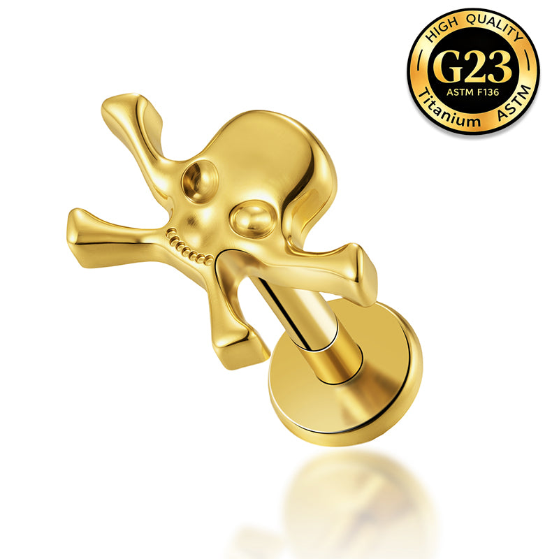 G23 Titanium 18K Gold PVD 16G Internally Threaded Gothic Skull Flat Back Stud