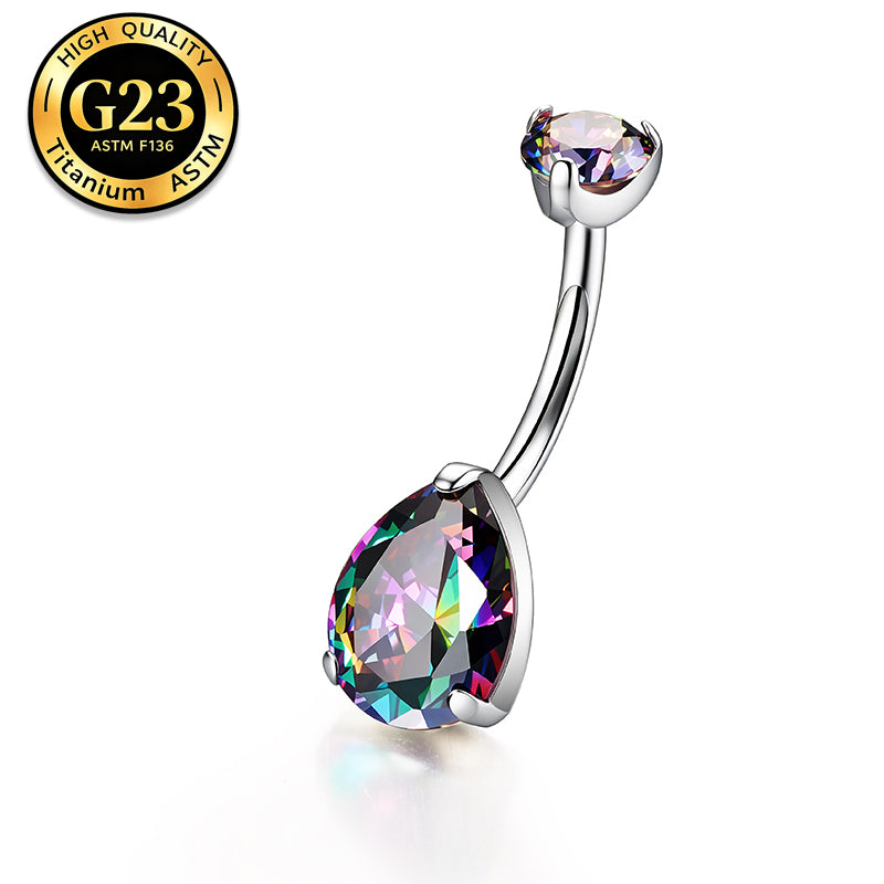 G23 Titanium 18K Gold PVD 14G Teardrop CZ Belly Button Ring Navel Curved Barbell
