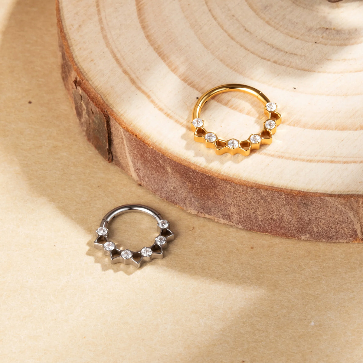 G23 Titanium 16G Geometric 18K Gold PVD CZ Clicker Hoop Ring