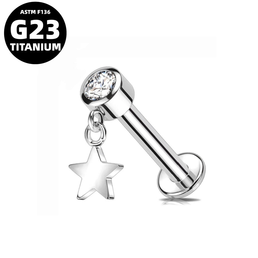 G23 Titanium 16G Internally Threaded CZ Lightning/Heart/Star/Moon Dangle Flat Back Stud