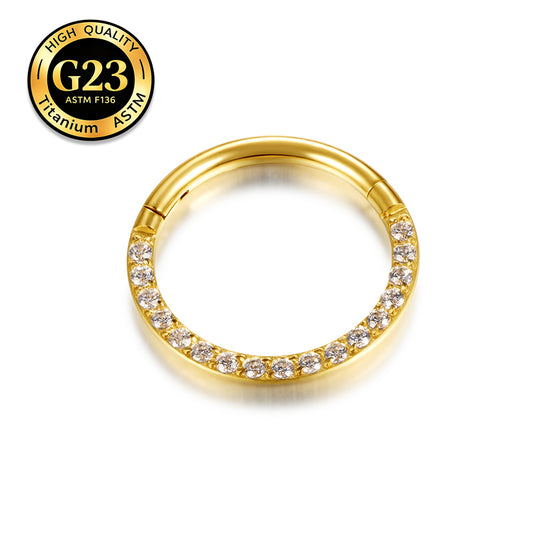 G23 Titanium 18K Gold PVD 16G Elegant Half Pavé CZ Clicker Ring