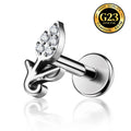 G23 Titanium 16G Internally Threaded High Polish Botanical Leaf Silver Flat Back Stud