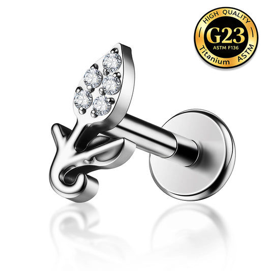 G23 Titanium 16G Internally Threaded High Polish Botanical Leaf Silver Flat Back Stud