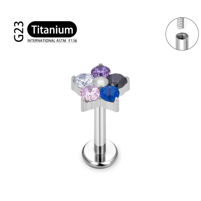 G23 Titanium 18K Gold PVD 16G Internally Threaded 5 CZ Colorful Flower Flat Back Stud