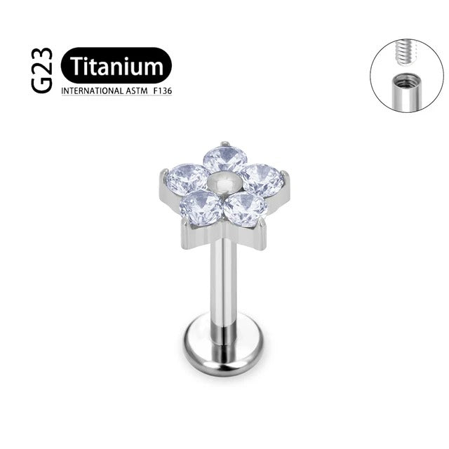G23 Titanium 18K Gold PVD 16G Internally Threaded 5 CZ Colorful Flower Flat Back Stud