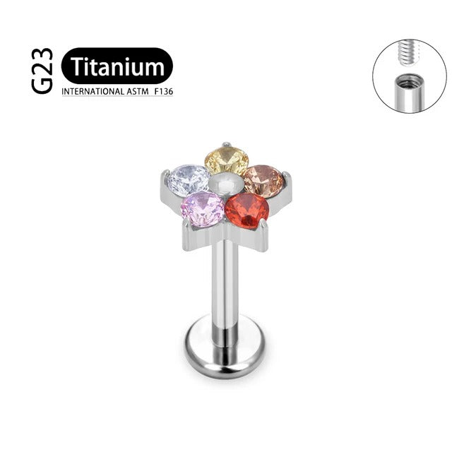 G23 Titanium 18K Gold PVD 16G Internally Threaded 5 CZ Colorful Flower Flat Back Stud