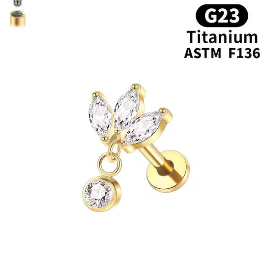 G23 Titanium 18K Gold PVD 16G Internally Threaded 3 Marquise CZ Dangle Flat Back Stud