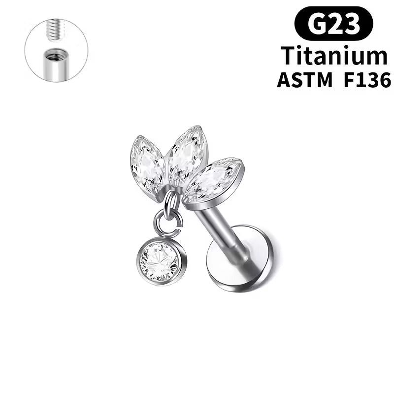 G23 Titanium 16G Internally Threaded 3 Marquise CZ Dangle Gold PVD Flat Back Stud