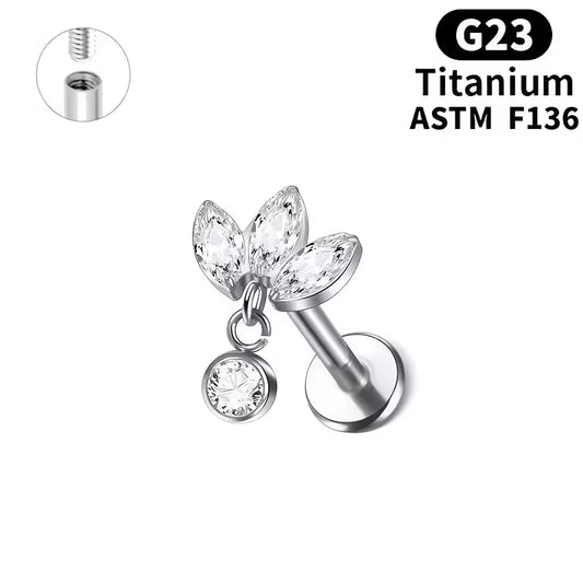 G23 Titanium 18K Gold PVD 16G Internally Threaded 3 Marquise CZ Dangle Flat Back Stud