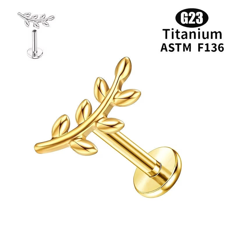 G23 18K Gold PVD Titanium 16G Internally Threaded Olive Branch Flat Back Stud