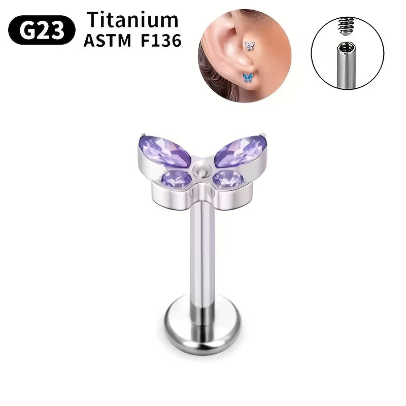 G23 Titanium 16G Internally Threaded CZ Marquise Butterfly Flat Back Stud