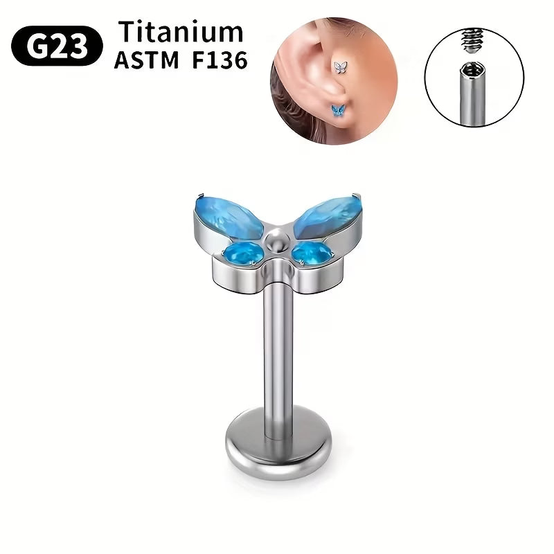 G23 Titanium 16G Internally Threaded CZ Marquise Butterfly Flat Back Stud
