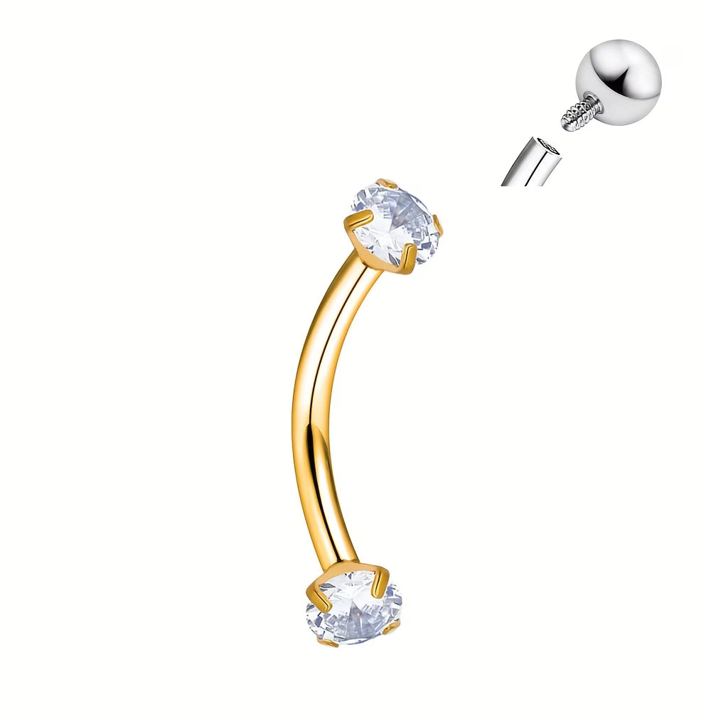 G23 Titanium 18K Gold PVD 16G Double CZ Eyebrow Ring Curved Barbell